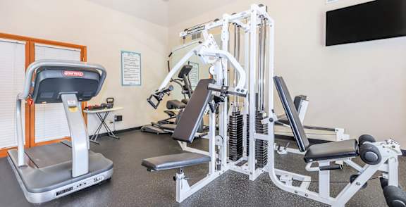 A gym with a treadmill, a leg press machine, and a cable machine.