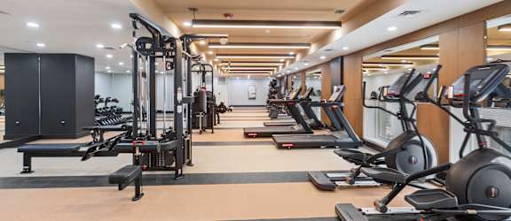 A gym with treadmills, elliptical machines, and a bench press.