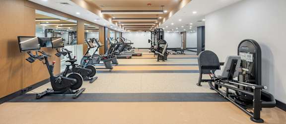 A gym with a variety of exercise equipment including treadmills, stationary bikes, and weight machines.