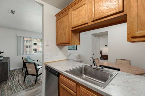 A kitchen with a sink and wooden cabinets.