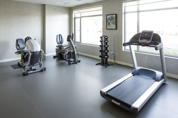 A fitness room with treadmills and other exercise equipment