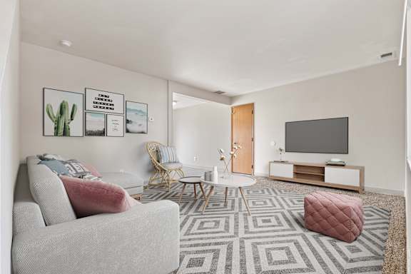 a living room with white walls and a gray and white rug