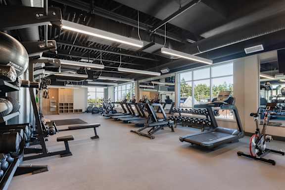a gym with weights and other exercise equipment and windows