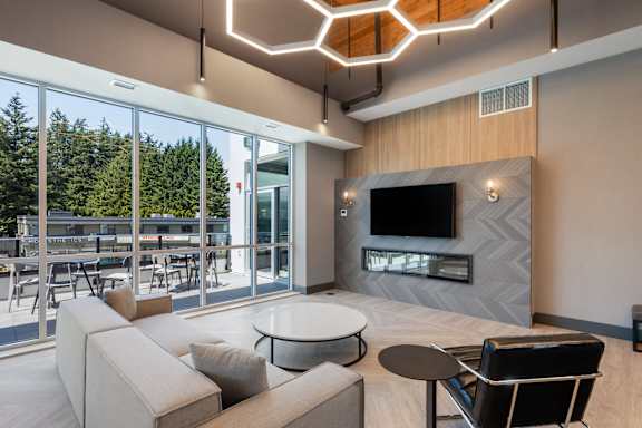 a living room with a couch and a table