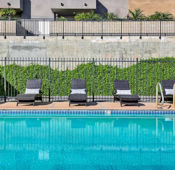 A pool with chairs and a wall of green plants.