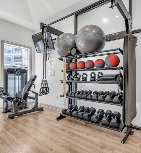fitness room with weights and exercise equipment at Marina Point, Chattanooga Tennessee