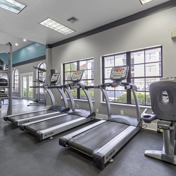 a gym with treadmills and weights