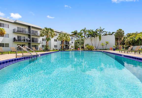 A large swimming pool in front of a building with palm trees.