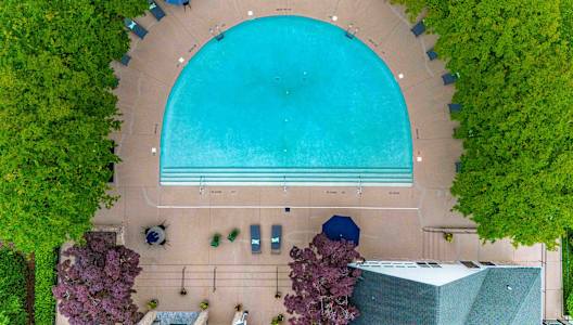 arial view of the pool at a resort with a swimming pool and trees