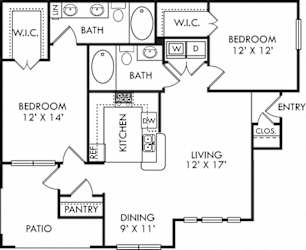 Blakemore. 2 bedroom apartment. Kitchen with bartop open to living/dinning rooms. 2 full bathroom, double vanity in master. Walk-in closet. Patio/balcony.