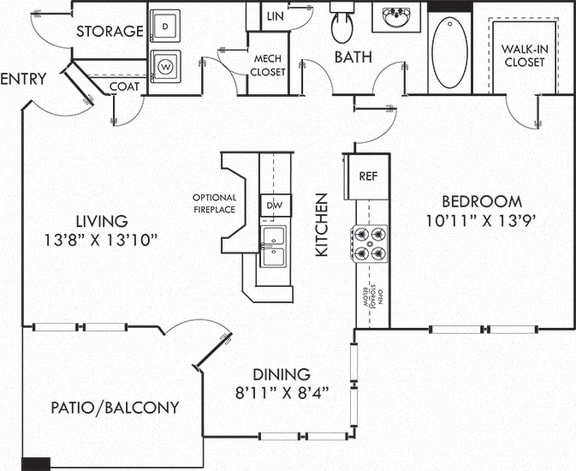 The Darlington 1 Bedroom, 1 Bath, Galley style kitchen that opens to dining and living room with optional fireplace