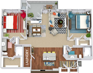 Pennybacker 3D 2 bedroom apartment. Kitchen with island open to living & dining rooms. Large pantry. 2 full bathrooms. Walk-in closet in both bedrooms. Patio/balcony.
