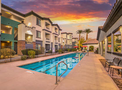 Pool at sunset at Tribeca North Apartment Homes