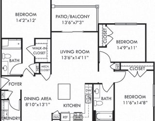Sandalwood. 3 bedroom apartment. Kitchen with island open to living/dinning rooms. 2 full bathroom. Walk-in closets. Patio/balcony.