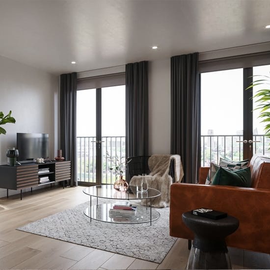 a living room filled with furniture and a large window