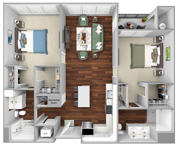 B6 - 2 Bed - 2 Bath - The Airdrie at Paoli Station - 3D Floor Plan