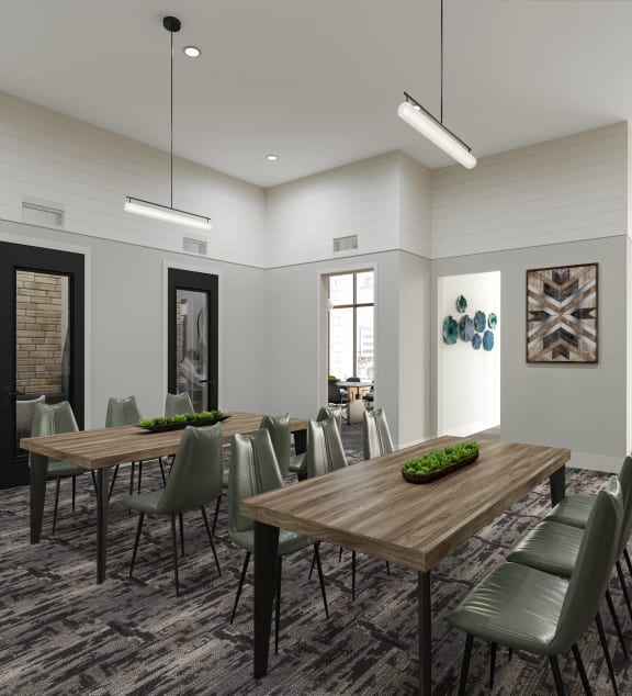 a rendering of a conference room with a wooden table and chairs