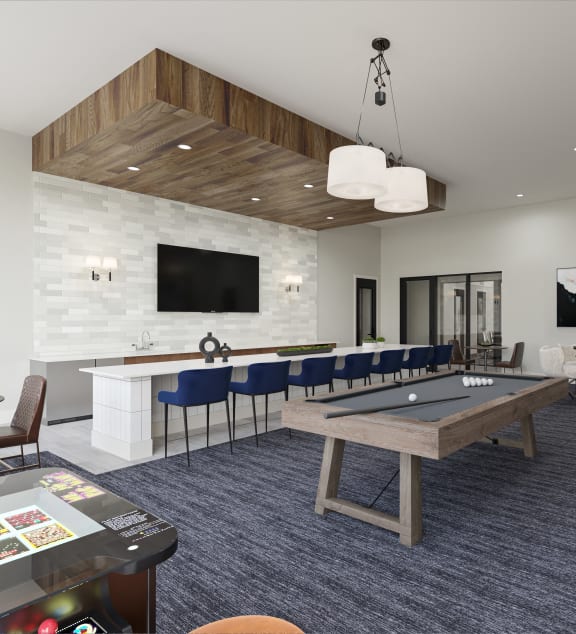 a clubhouse with a pool table and a bar and a television
