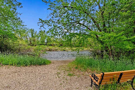 A wooden bench sits on a dirt path next to a stream.