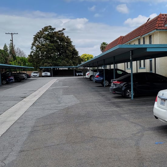 a parking lot in front of a building