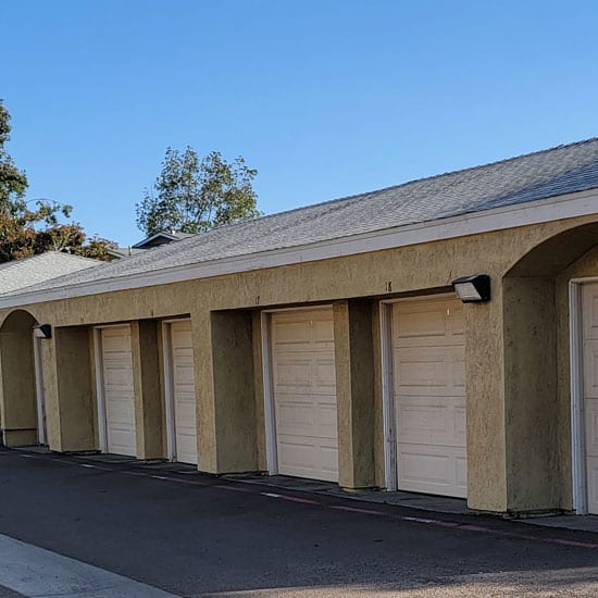a row of garage doors in a row
