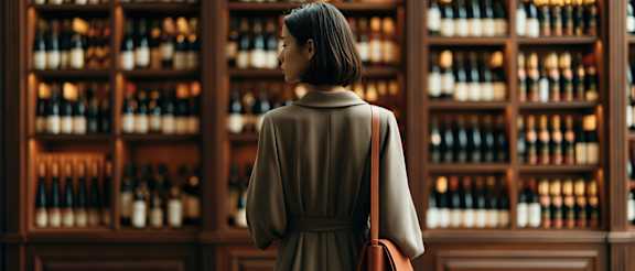 A woman in a beige coat is looking at a wall of wine bottles.