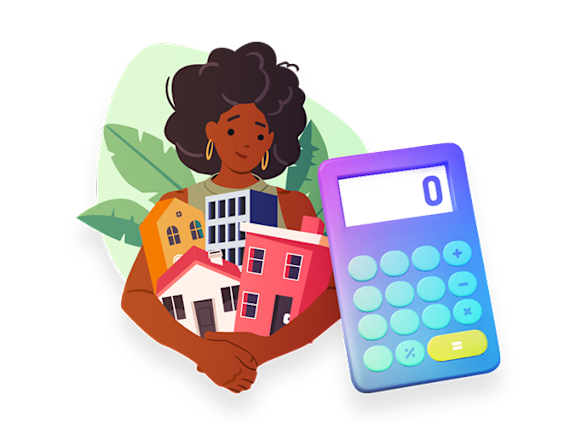 A person is holding a calculator and a stack of houses.