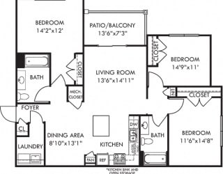 Mallard. 3 bedroom apartment. Kitchen with island open to living/dinning rooms. 2 full bathroom. Walk-in closets. Patio/balcony.