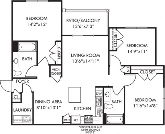 Mallard. 3 bedroom apartment. Kitchen with island open to living/dinning rooms. 2 full bathroom. Walk-in closets. Patio/balcony.