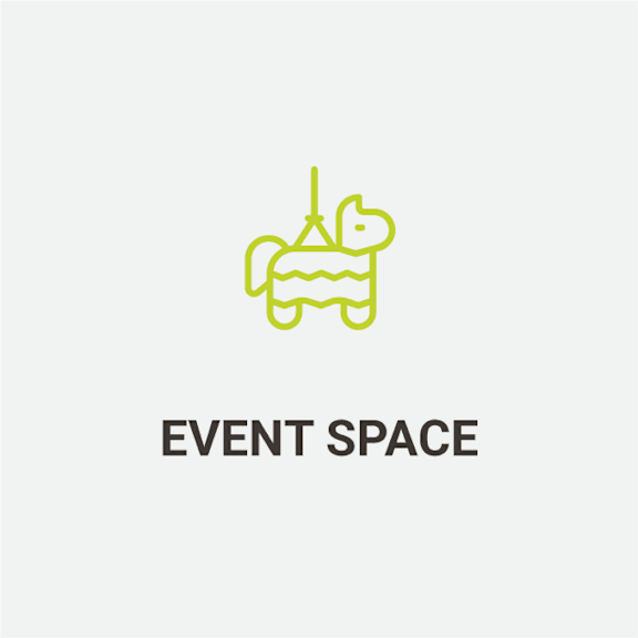 A graphic of a green robot with a heart on its chest is above the words "EVENT SPACE".