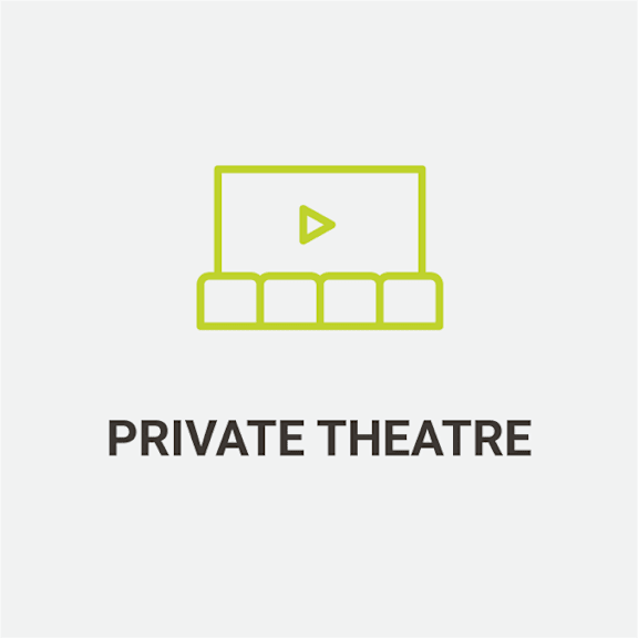 A graphic of a laptop with a play button on the screen and the words "PRIVATE THEATRE" below it.