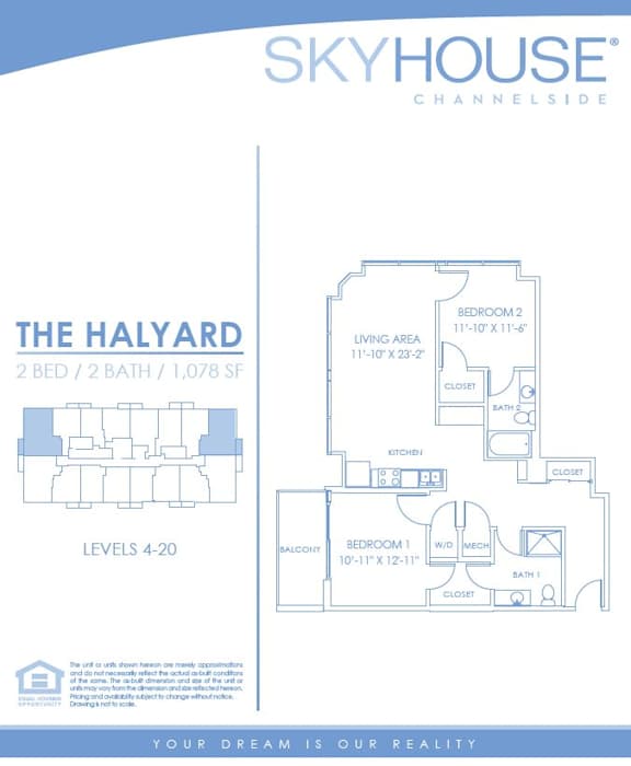 2D floor plan of the B3 The Halyard 1,078-square-foot two-bedroom, two-bath apartment at SkyHouse Channelside.