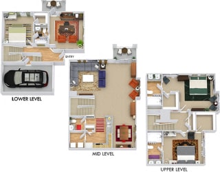Brigadoon 3D. 3 bedroom townhome with office. Kitchen with bartop open to living/dinning rooms. 3 full bathroom + powder room. Walk-in closets. Patio/balcony.