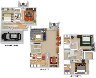 Brigadoon 3D. 3 bedroom townhome with office. Kitchen with bartop open to living/dinning rooms. 3 full bathroom + powder room. Walk-in closets. Patio/balcony.