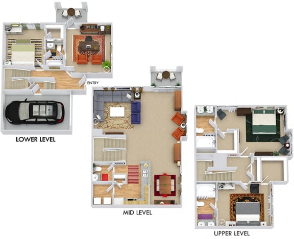 Brigadoon 3D. 3 bedroom townhome with office. Kitchen with bartop open to living/dinning rooms. 3 full bathroom + powder room. Walk-in closets. Patio/balcony.