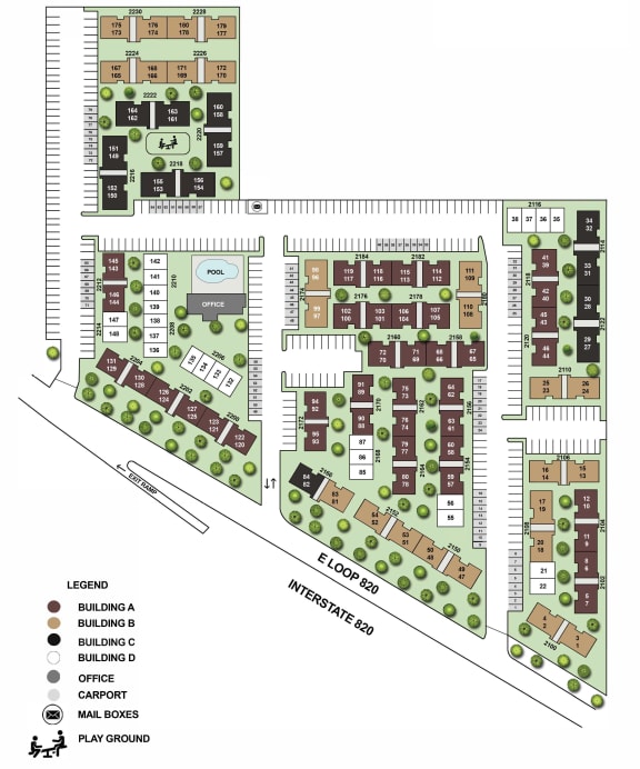 a site plan of a campus with buildings and trees