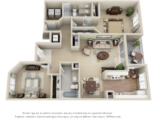 Hamilton 3D. 2 bedroom apartment. Kitchen with eating area. 2 full bathrooms, shower stall in master. Two closets in master. Patio/balcony.
