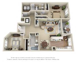 Hamilton 3D. 2 bedroom apartment. Kitchen with eating area. 2 full bathrooms, shower stall in master. Two closets in master. Patio/balcony.