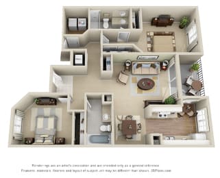 Hamilton 3D. 2 bedroom apartment. Kitchen with eating area. 2 full bathrooms, shower stall in master. Two closets in master. Patio/balcony.