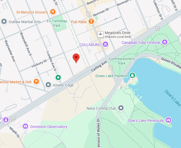 A map shows a red marker on a street with various points of interest labeled around it.
