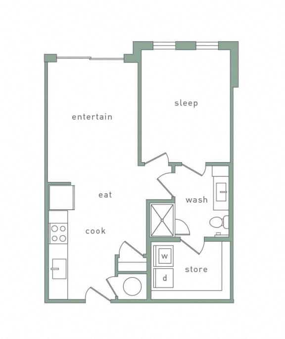 Caldwell Floorplan 1 Bedroom 1 Bath 663-667 Total Sq Ft at Park 35 on Clairmont Apartment Homes, 3500 Clairmont Ave. Birmingham, AL 35222