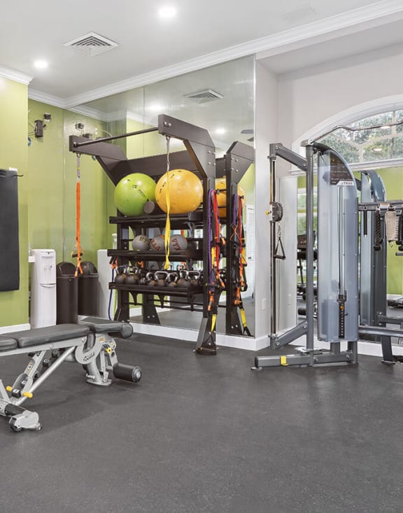 Community Fitness Center with Equipment at Vinings at Hunter's Green Apartments in Tampa, FL.