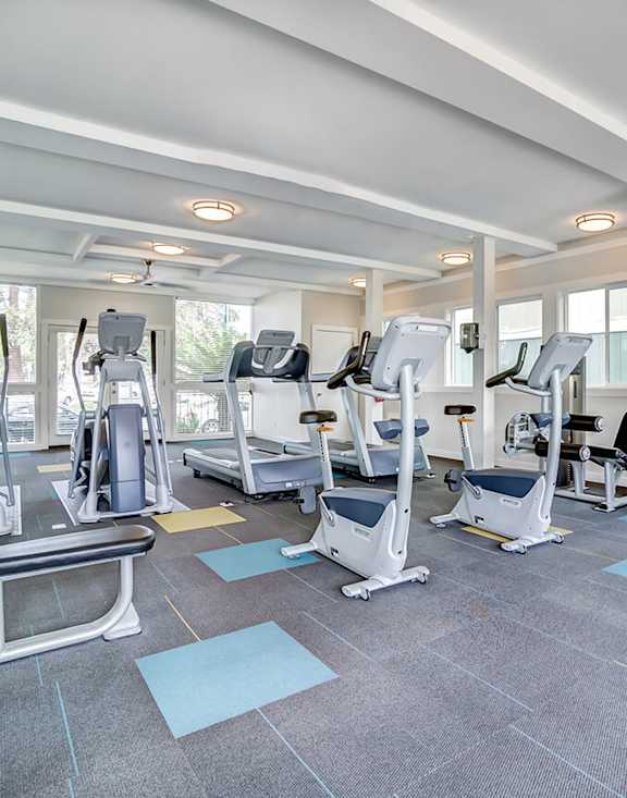 Community Fitness Center with Equipment at Los Gatos Landing Apartments located in San Jose, CA-MEDAM.