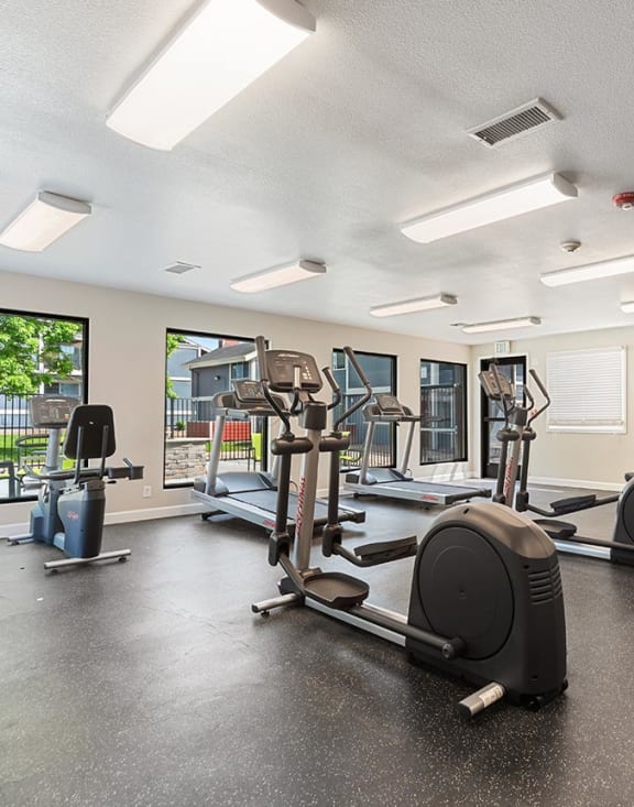 Fitness center at Bridges at 9 Mile Station Apartments in Denver, CO.