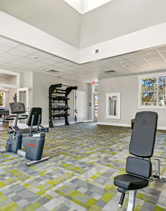 Fitness center at Bridges at North Hills Apartments in Raleigh, NC