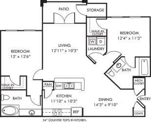 The Weston. 2 bedroom apartment. Kitchen with bartop open to living/dinning rooms. 2 full bathroom. Walk-in closets. Patio/balcony.