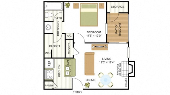 Plan A1 One Bed One Bath 525 Sq.ft. FloorPlan at Peppermill Apartments, CLEAR Property Management, Universal City, TX, 78148