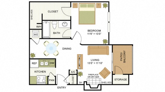 Plan A2 One Bed One Bath 650 Sq.ft. FloorPlan at Peppermill, Universal City, TX