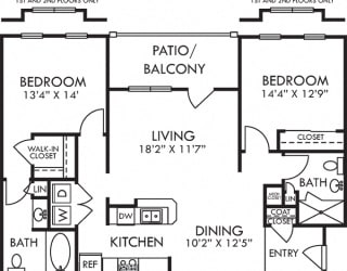 Blanford. 2 bedroom apartment. Kitchen with bartop open to living/dinning rooms. 2 full bathrooms, shower stall in guest. Walk-in closet in master. Patio/balcony.