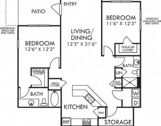 Graham II. 2 bedroom apartment. Kitchen with bartop open to living/dinning rooms. 2 full bathrooms, shower stall in guest. Walk-in closets. Patio/balcony. Storage room.